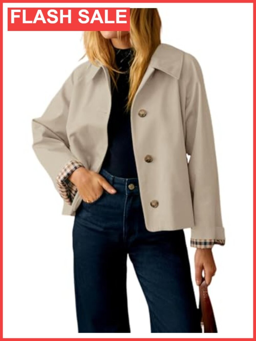 Oversize Trench Coat Plaid Lining Button Down Crop Jacket